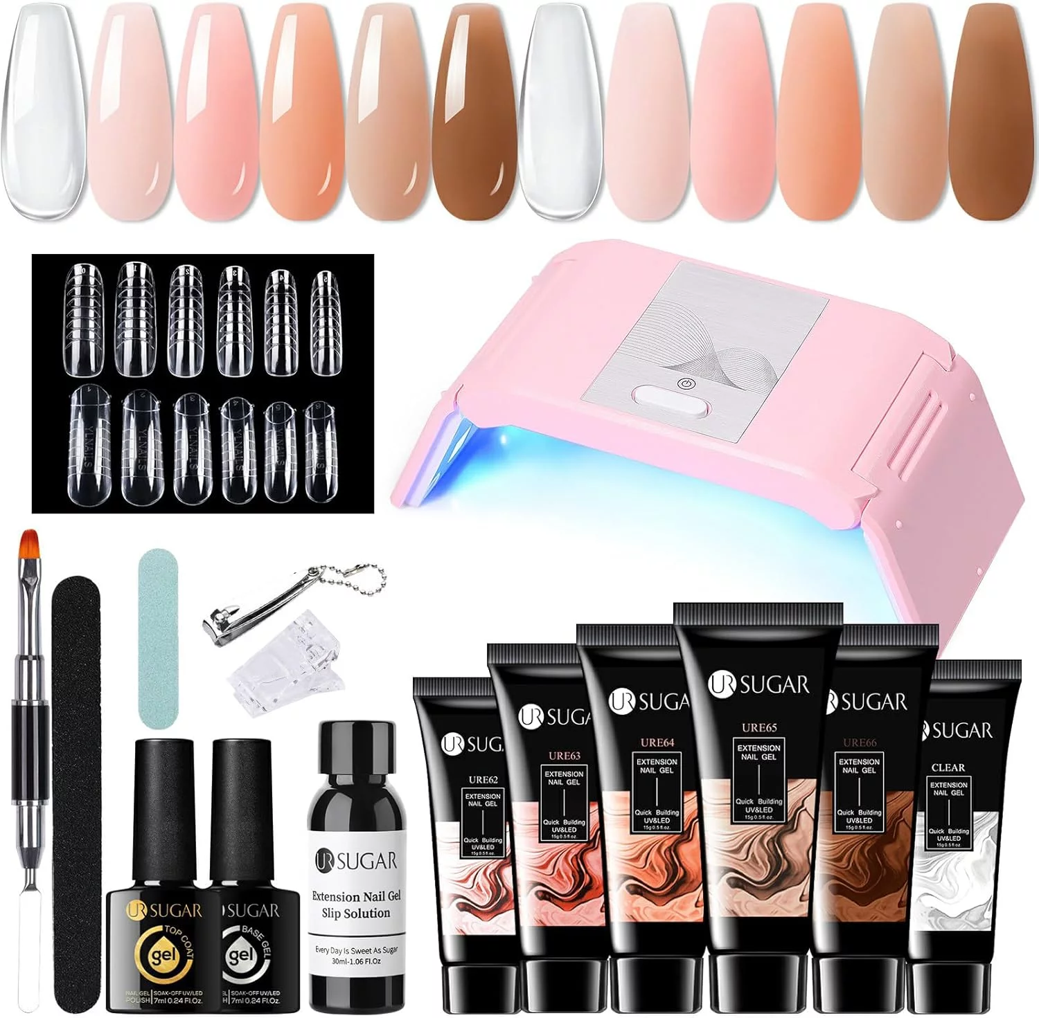 Kit Complet UR SUGAR Polygel : Lampe UV 36W, 6 Couleurs de Polygel 15ml, Base et Top Coat, 48 Faux Ongles et Accessoires Manucure
